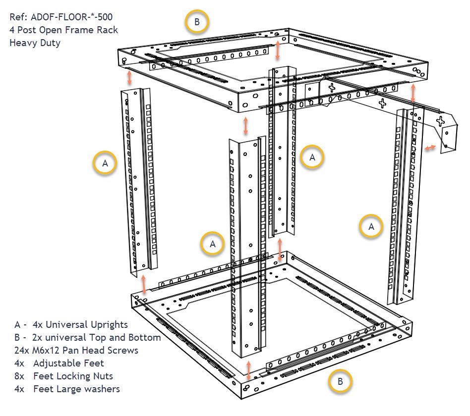 12u 4 Post Open Frame Rack - 19 inch - Heavy Duty - 500mm Deep - Black