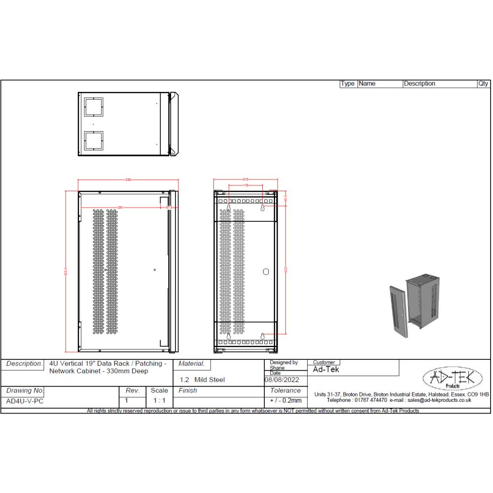 4U 19 inch Vertical Data Cabinet Rack / Patching Network Cabinet 330mm Deep Black