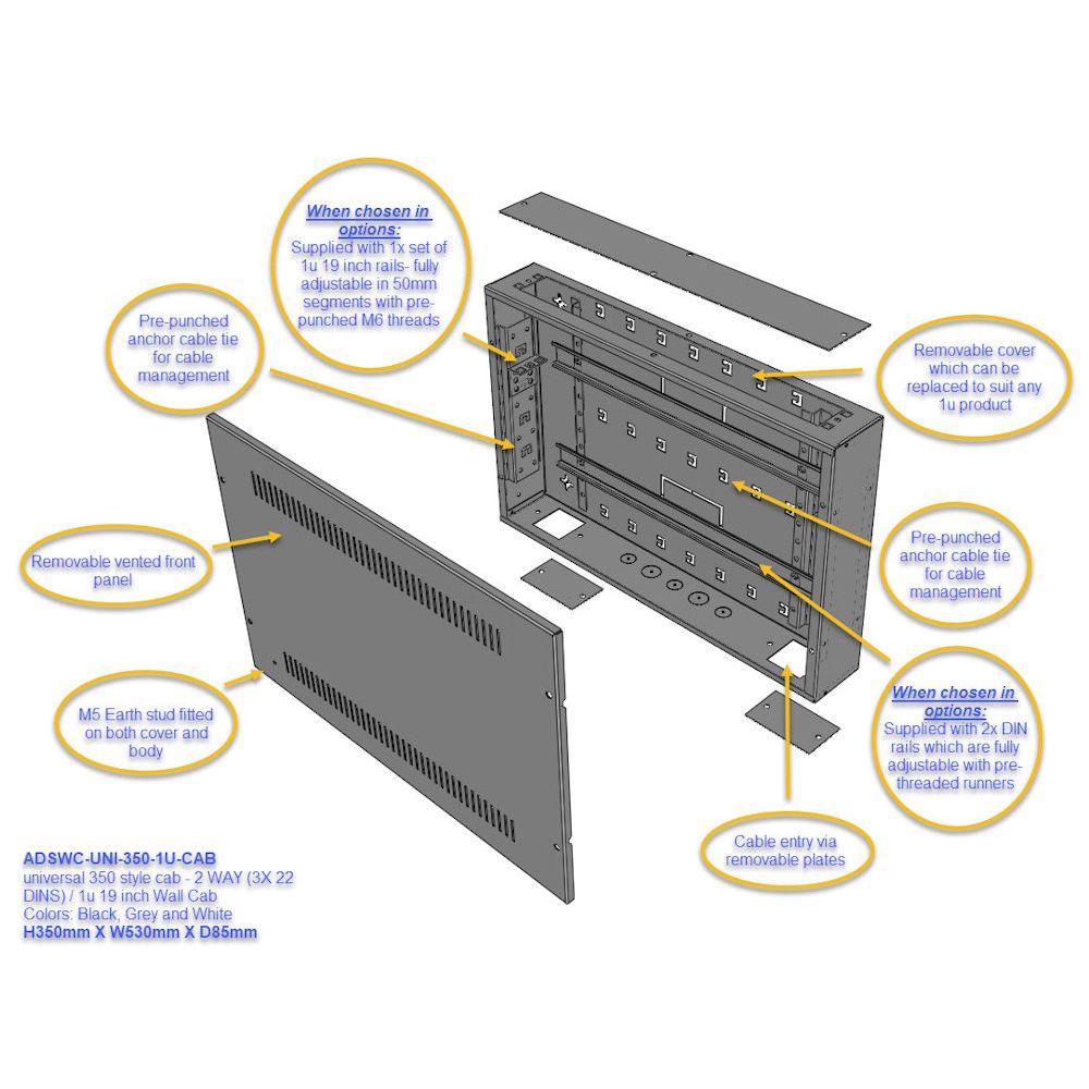 Universal 350 Style Cab - 2 way DIN  (2x 22 Module Dins) / 1u Wall Cabinet-350 Style - White