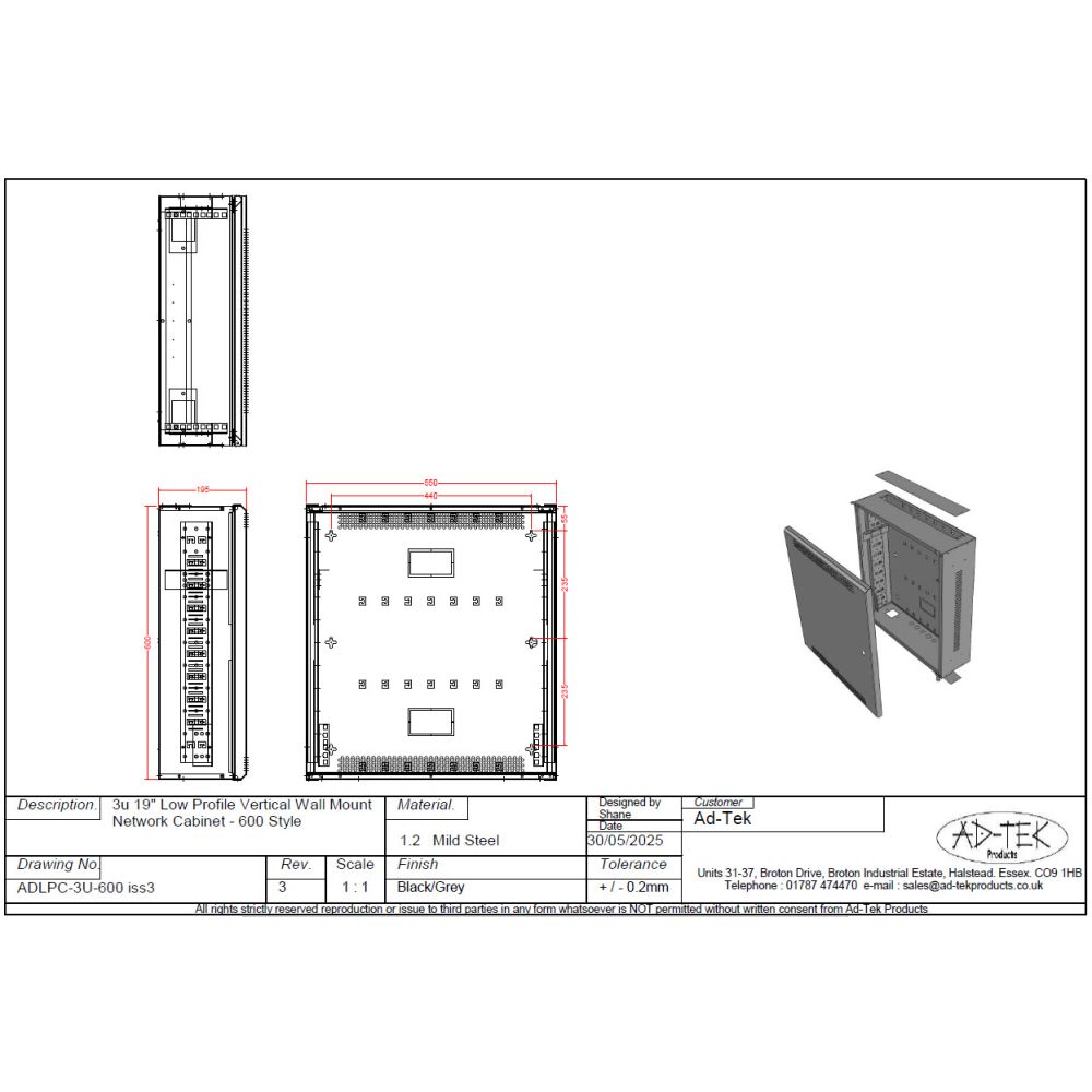 3U 19" Adjustable Low Profile Vertical Mount - Wall Mount Network / Server Cabinet - 600mm Deep