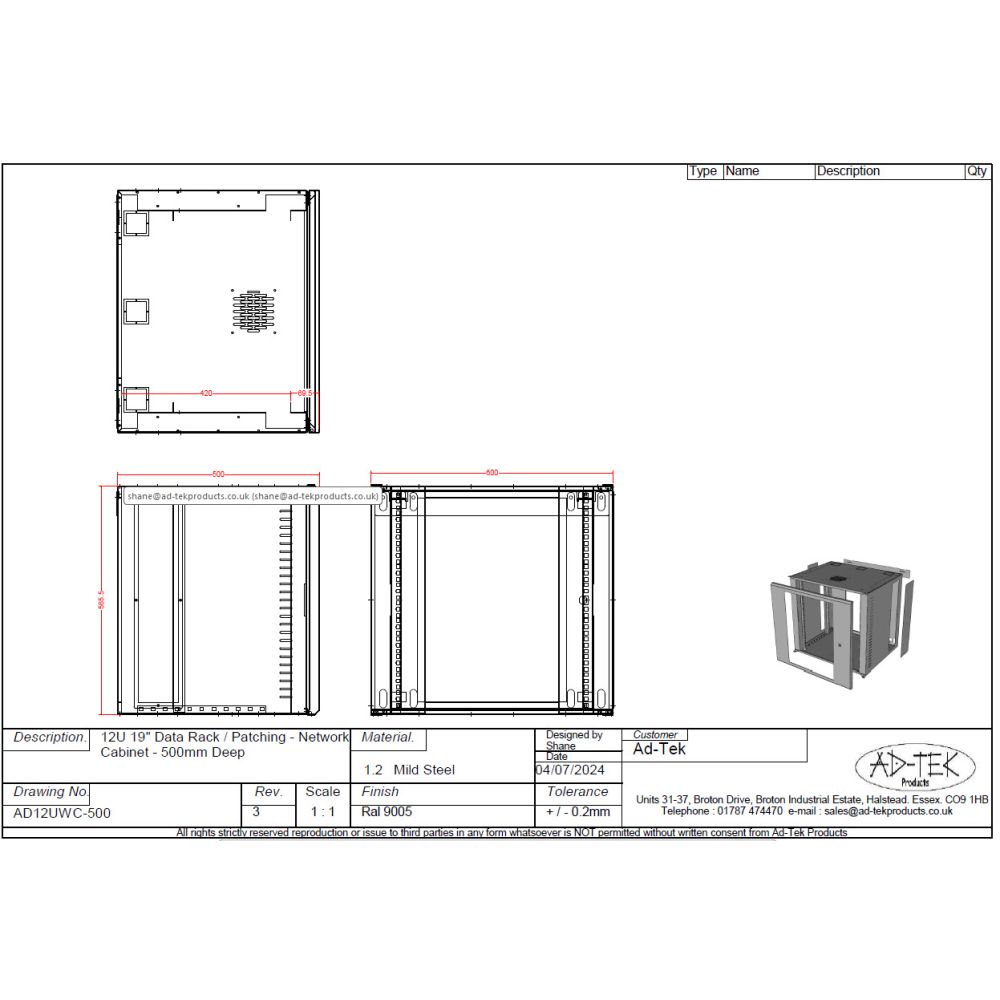 12U 19 inch Data Rack Cabinet - Networking Cabinet - Server Cabinet Fixed Front and Adjustable Rear 19 inch Rails 500mm Deep - Grey