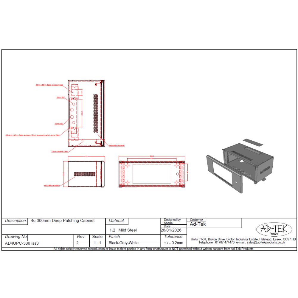 4U 19 inch Data Cabinet Rack / Patching Network Cabinet 300mm Deep White