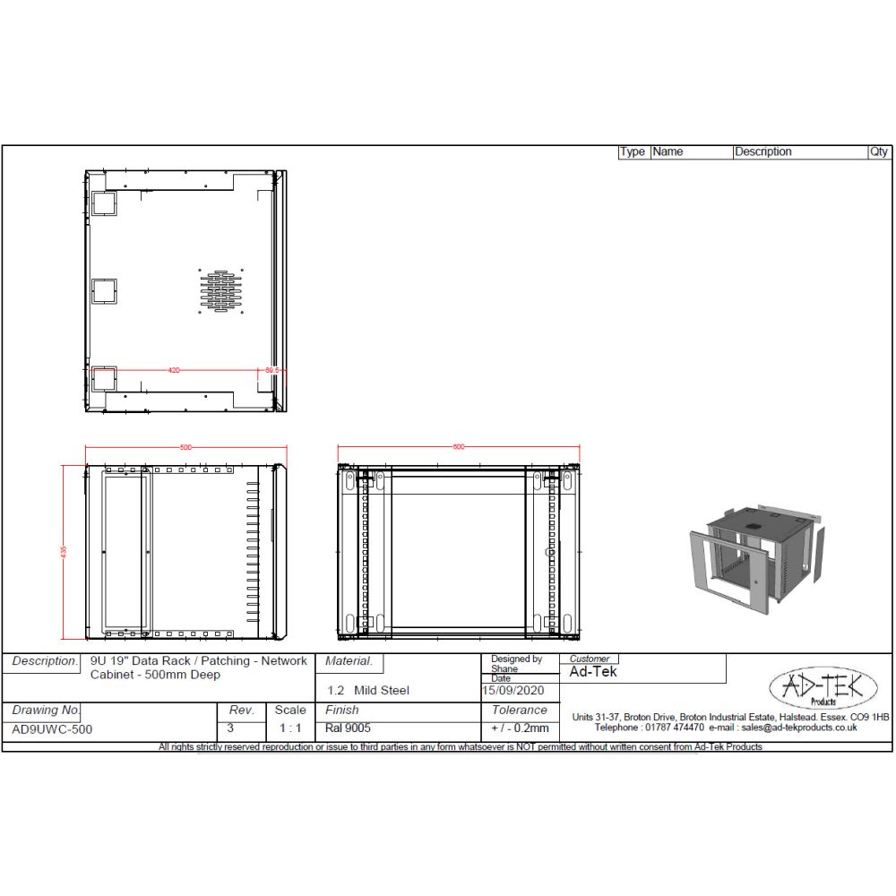 9U 19 inch Data Rack Cabinet - Networking Cabinet - Server Cabinet Fixed Front and Adjustable Rear 19 inch Rails 500mm Deep - Grey