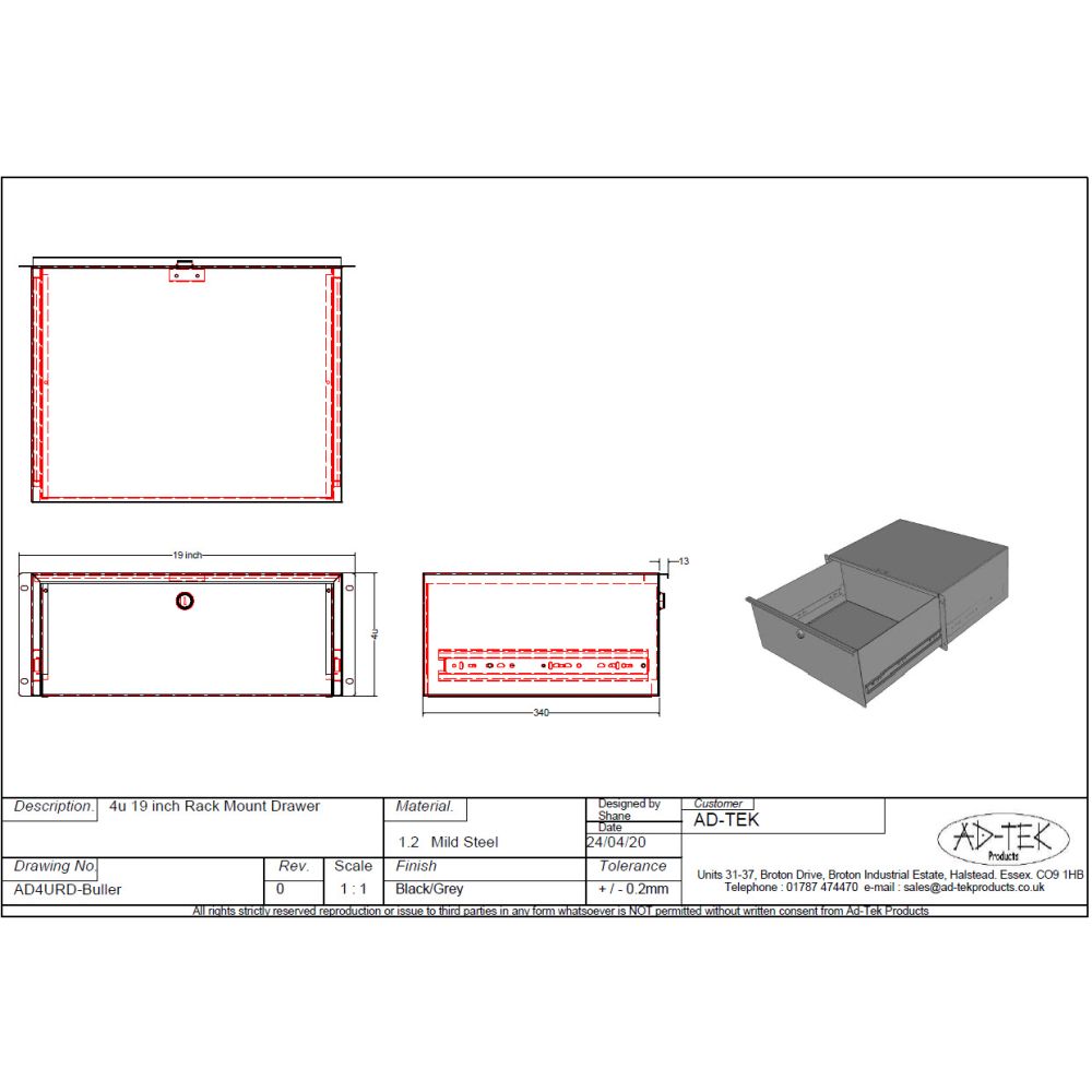 4U 19 inch Rack Mount Drawer - 340mm Deep - Black