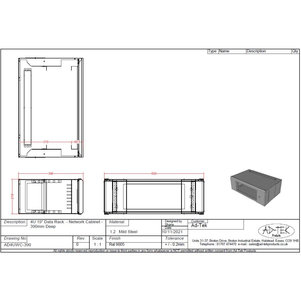 4U 19 inch Data Rack - Network - Server Cabinet Fixed Front and Adjustable Rear 19 inch Rails 390mm Deep - Grey