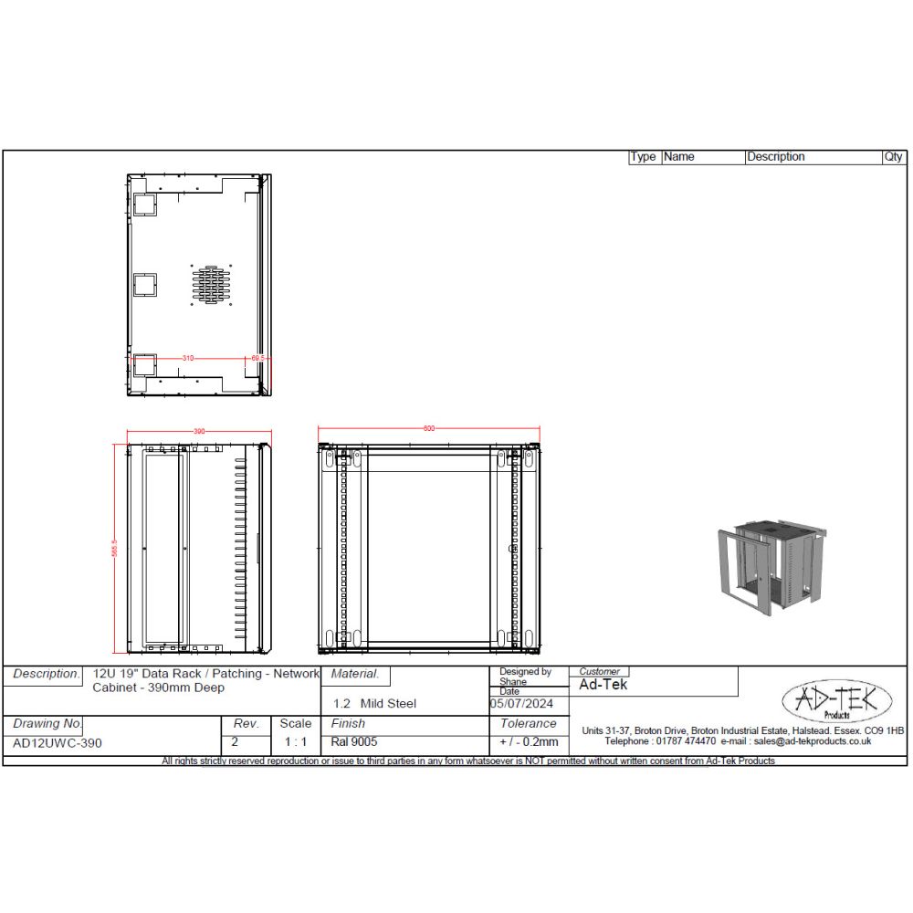 12U 19 inch Data Rack Cabinet - Networking Cabinet - Server Cabinet Fixed Front and Adjustable Rear 19 inch Rails 390mm Deep - Grey