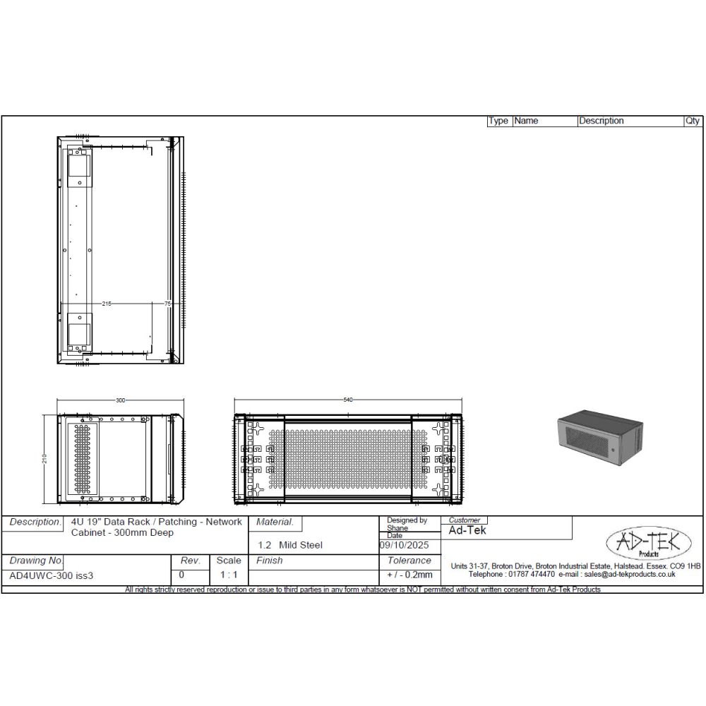 4U 19 inch Perforated Adjustable Data Cabinet Rack / Patching Network Cabinet 300mm Deep Black