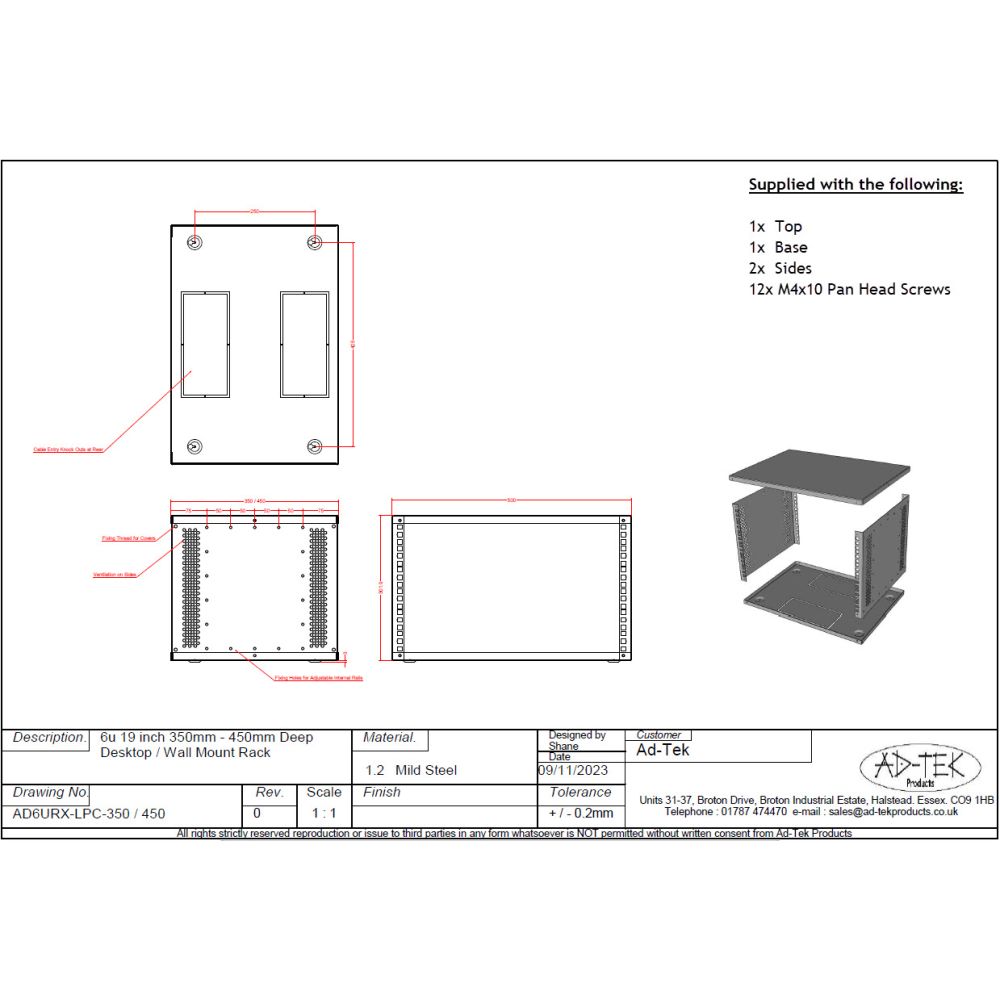 6u 19 inch Desktop - Free Standing - Vertical Wall Mounted Data Rack - 450mm Deep
