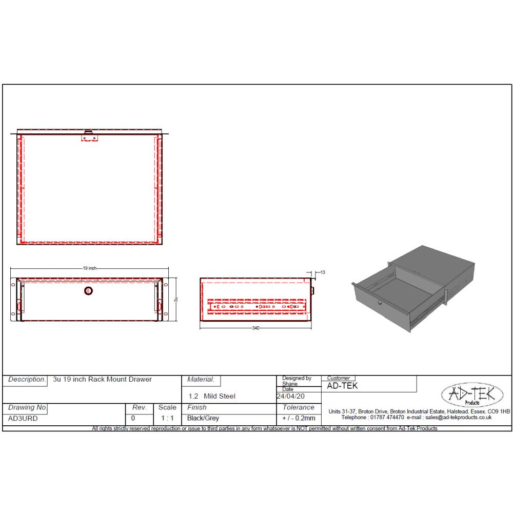 3U 19 inch Rack Mount Drawer - 340mm Deep - Black
