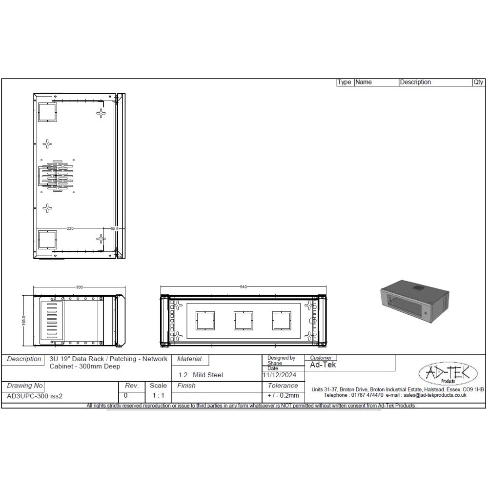 3U 19 inch Small Data Rack / Desktop / Wall Mounted / Patching Network Cabinet 300mm Deep - White