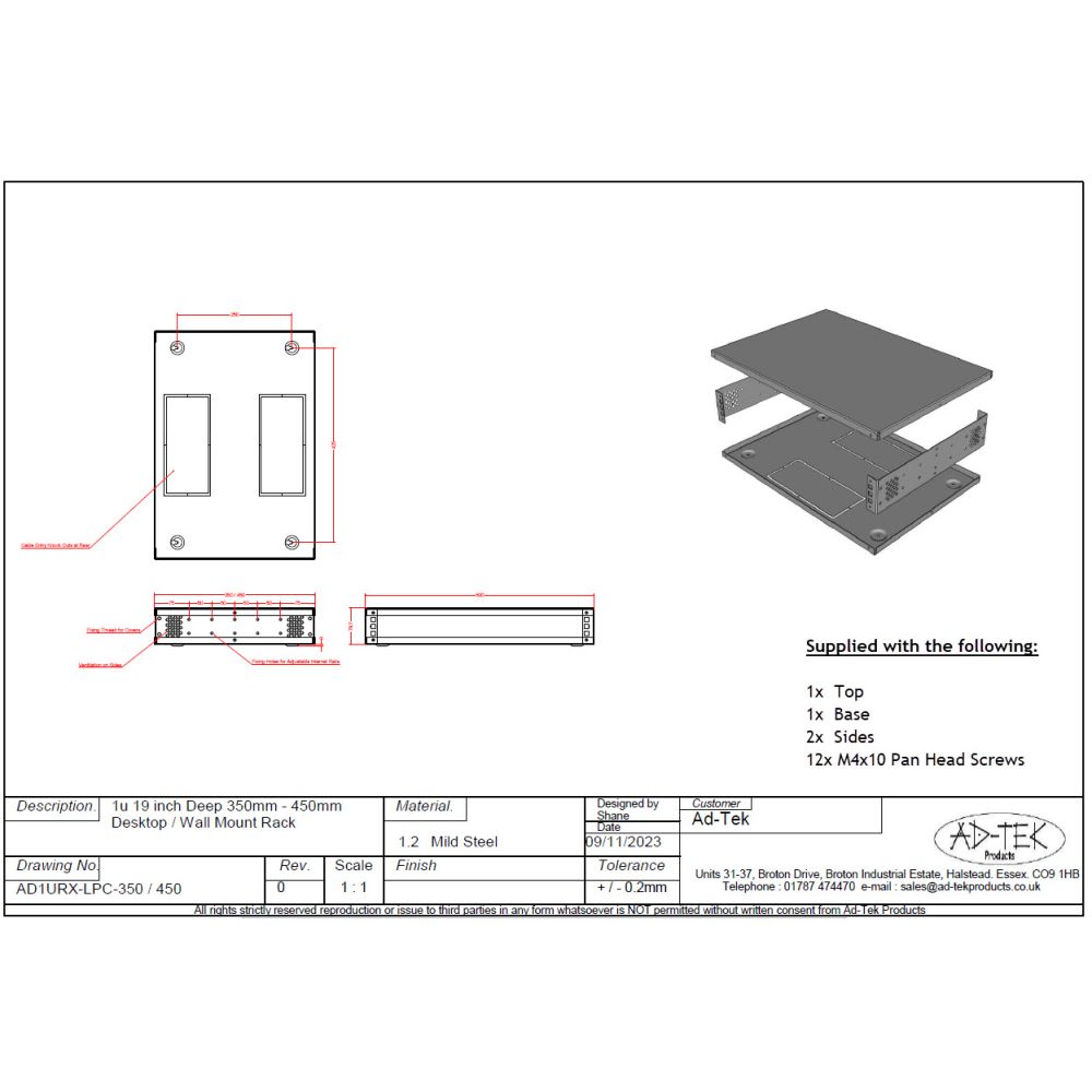 1u 19 inch Desktop - Free Standing - Vertical Wall Mounted Data Rack - 350mm Deep