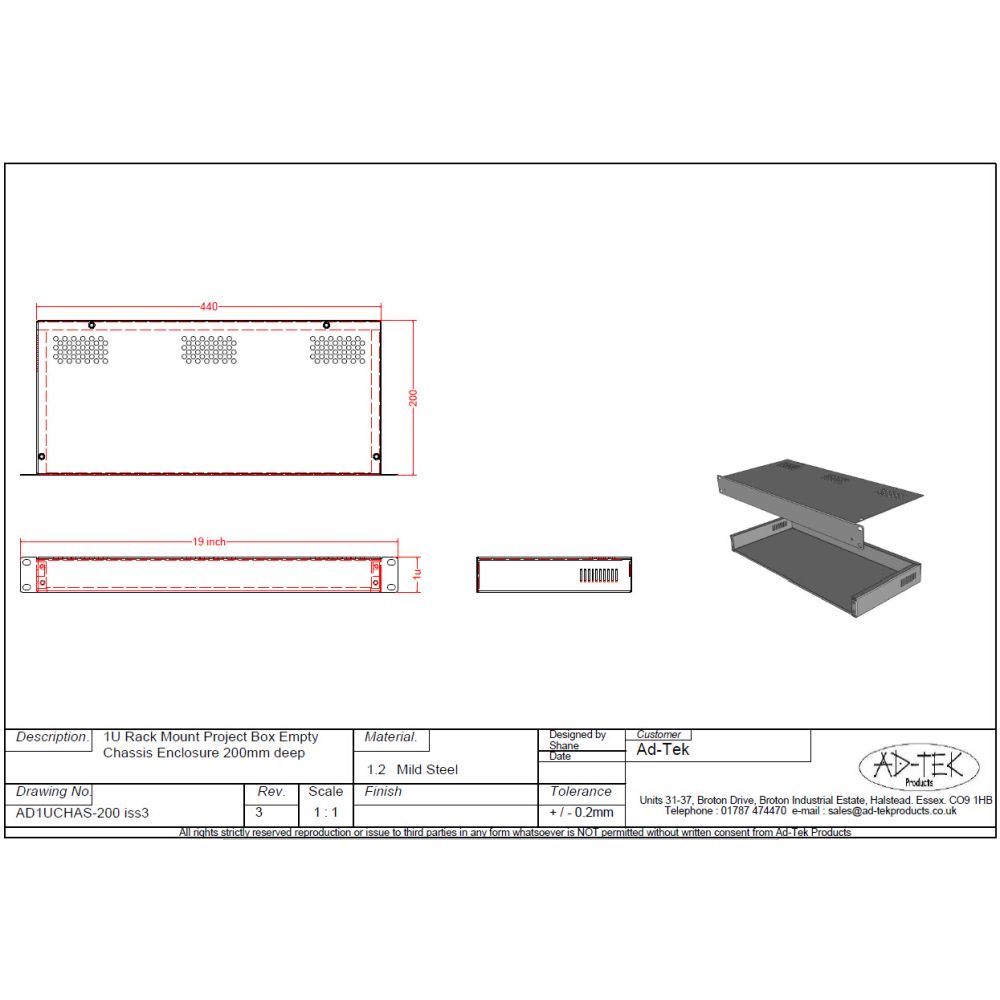1U Rack Mount Project Box Empty Chassis Enclosure 200mm Deep