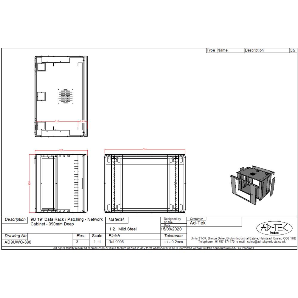 9U 19 inch Data Rack Cabinet - Networking Cabinet - Server Cabinet Fixed Front and Adjustable Rear 19 inch Rails 390mm Deep - White