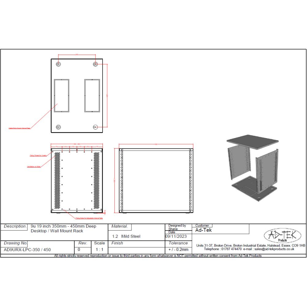 9u 19 inch Desktop - Free Standing - Vertical Wall Mounted Data Rack - 450mm Deep