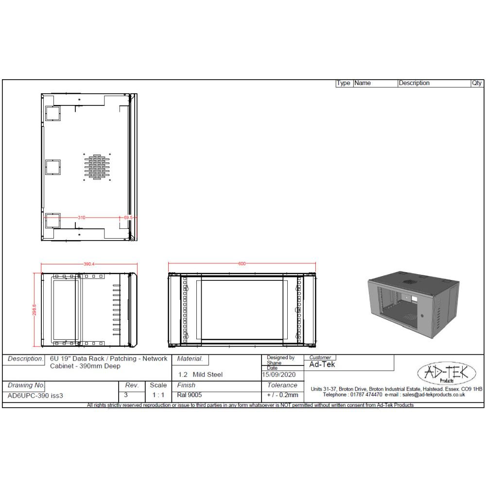 6U 19 inch Data Rack Cabinet - Networking Cabinet - Server Cabinet Fixed Front and Adjustable Rear 19 inch Rails 390mm Deep  - White
