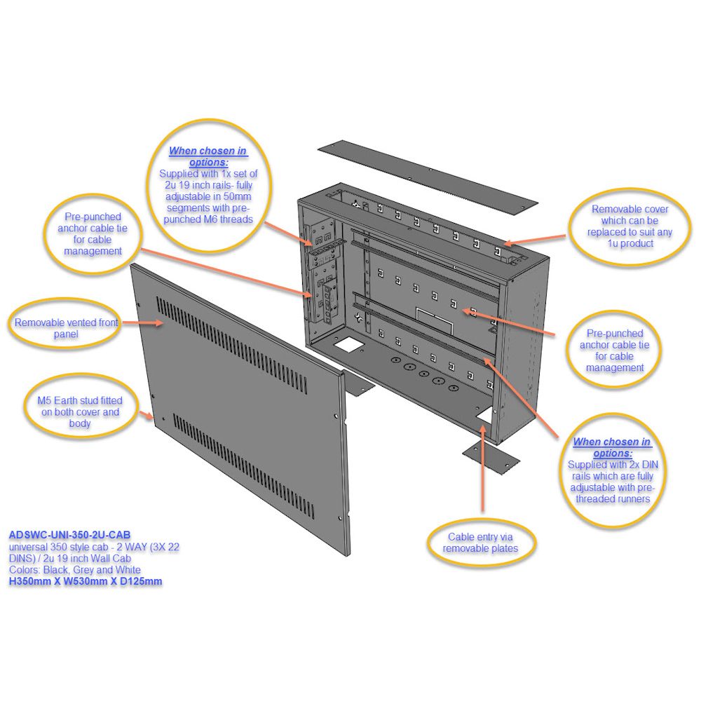 Universal 350 Style Cab - 2 way DIN  (2x 22 Module Dins) / 2u Wall Cabinet-350 Style - Black