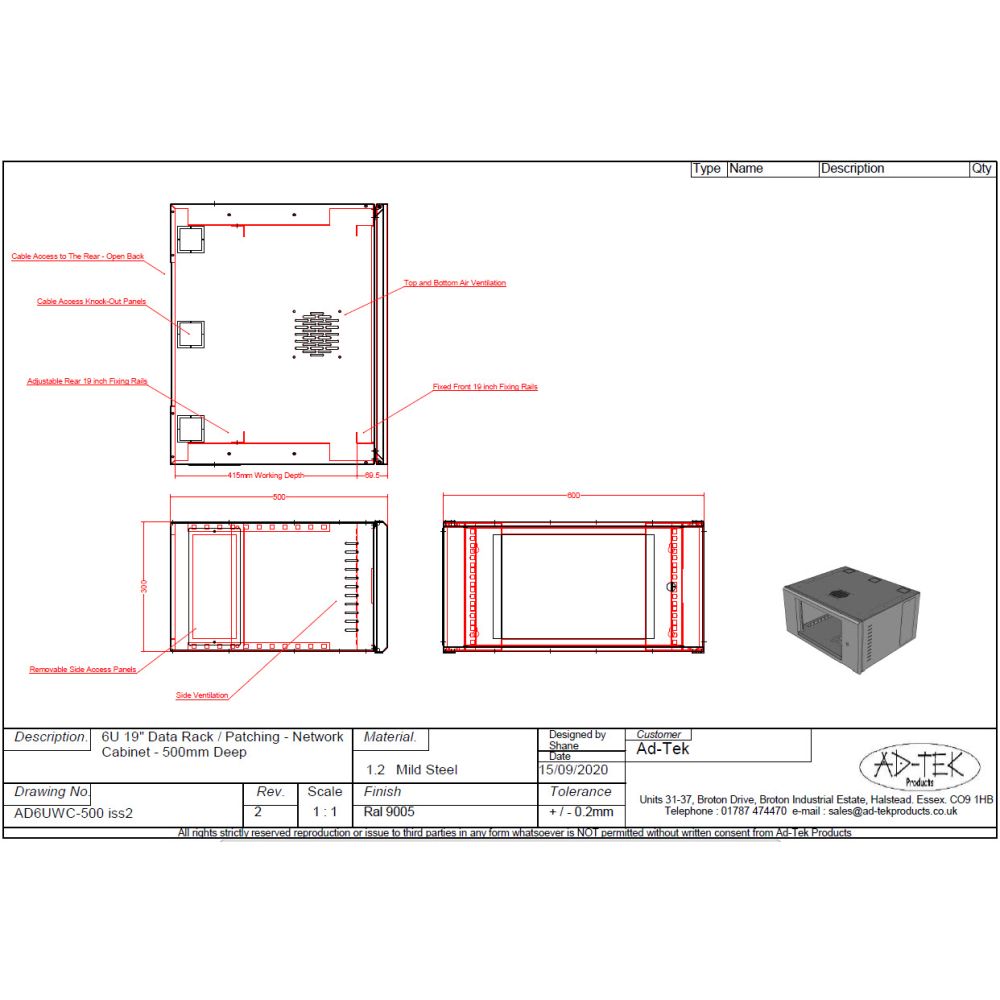 6U 19 inch Data Rack Cabinet - Networking Cabinet - Server Cabinet Fixed Front and Adjustable Rear 19 inch Rails 500mm Deep White