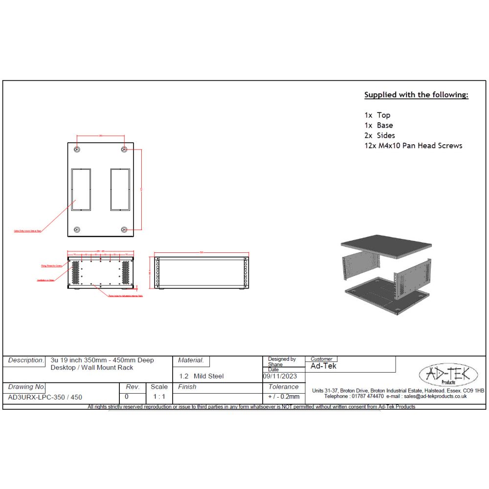 3u 19 inch Desktop - Free Standing - Vertical Wall Mounted Data Rack - 350mm Deep