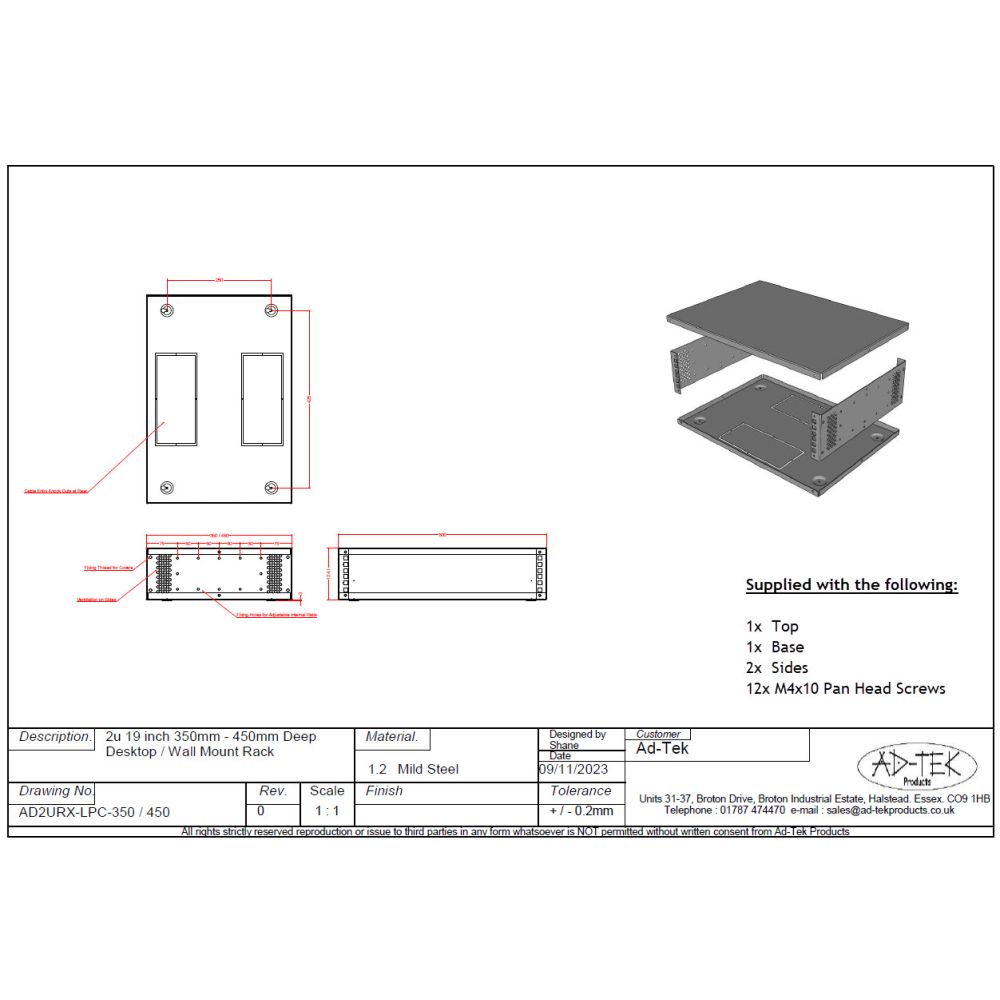 2u 19 inch Desktop - Free Standing - Vertical Wall Mounted Data Rack - 350mm Deep